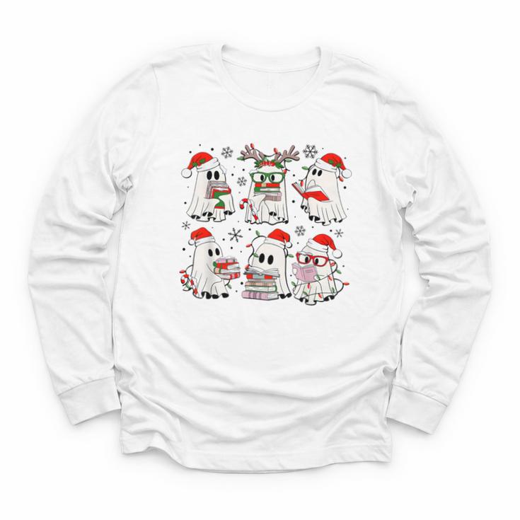 Ghost Book Reading Christmas Books Lover Teacher Kids Youth Long Sleeve Tee