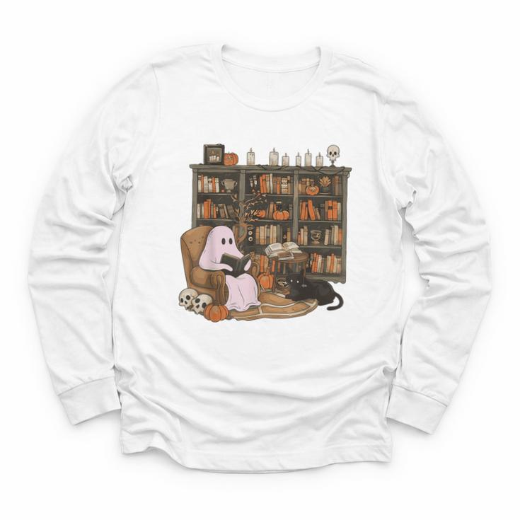 Ghost Reading Book Cat Lover Halloween Reading Enthusiast Youth Long Sleeve Tee