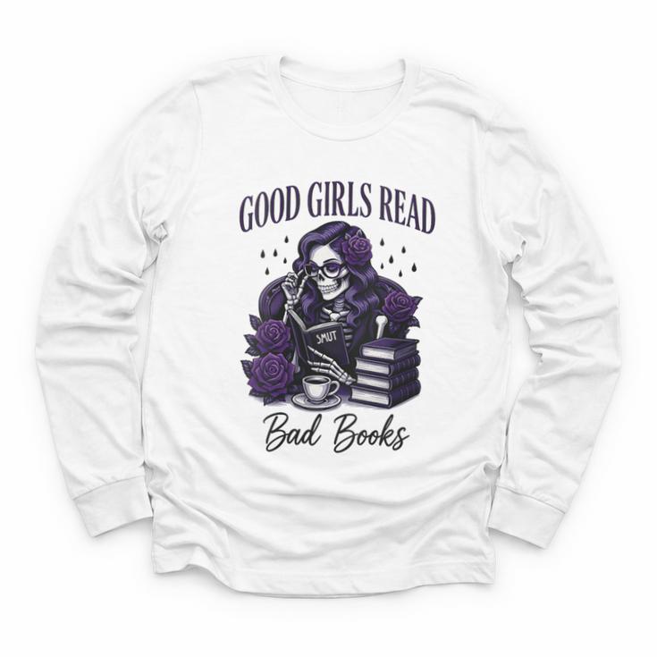 Good Girls Read Bad Books Sarcastic Skeleton Goth Skull Youth Long Sleeve Tee
