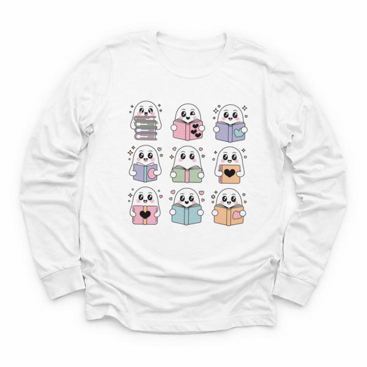 Halloween Ghosts Reading Books Pattern Spooky Kawaii Anime Youth Long Sleeve Tee