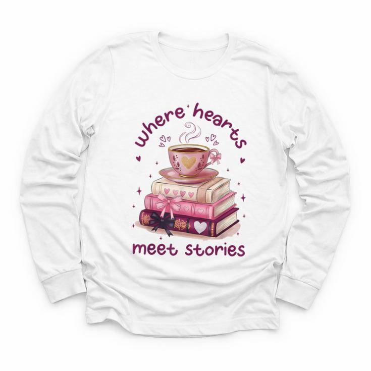 Where Hearts Groovy Meet Stories Coffee Books Valentines Day Youth Long Sleeve Tee