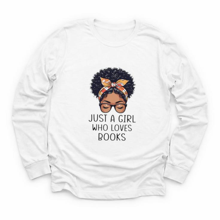 Just a Girl Who Loves Books Messy Bun Black Women Reading Youth Long Sleeve Tee