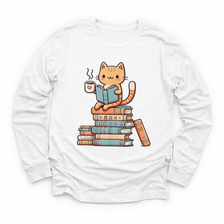Kawaii Cat Coffee Books Teacher Men Women Girls Kids Youth Long Sleeve Tee