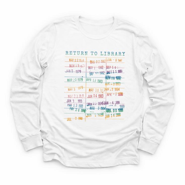 Library Card Vintage Book Due Date Bookish Rainbow Reading Youth Long Sleeve Tee