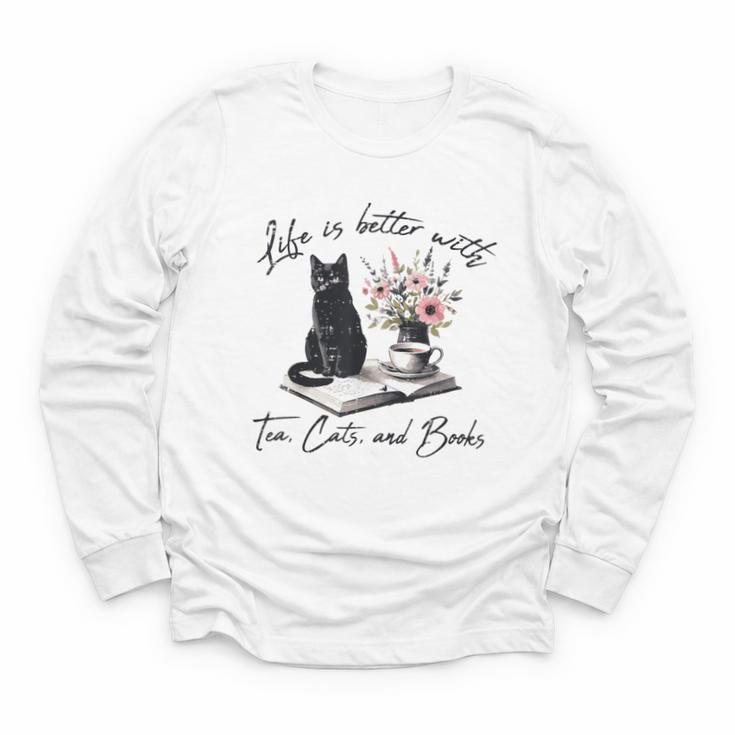 Life Better With 2 Cats Books Kitten Kitty Women Girls Kids Youth Long Sleeve Tee