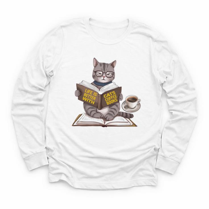 Life Is Better With Cats Coffee Books Cat Reading Book Youth Long Sleeve Tee