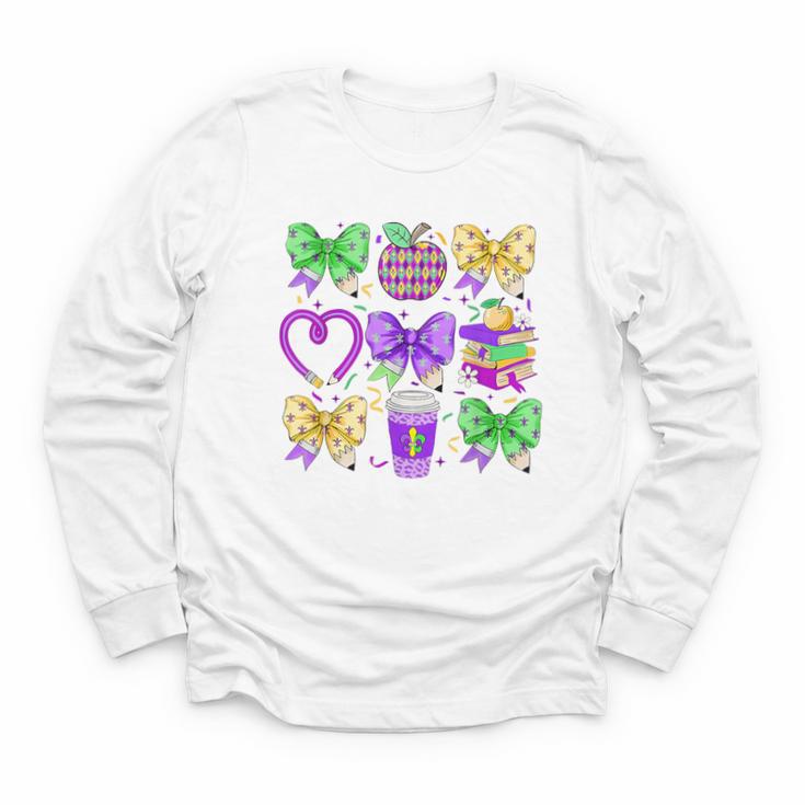 Mardi Gras Teacher Coquette Bow Pencil Apple Book Women Girl Youth Long Sleeve Tee