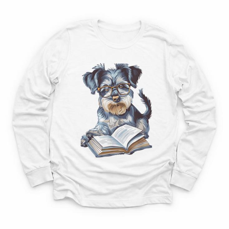 Nerdy Schnauzer Dog Book Lover Glasses Cute Pet For Men Women Kids Youth Long Sleeve Tee