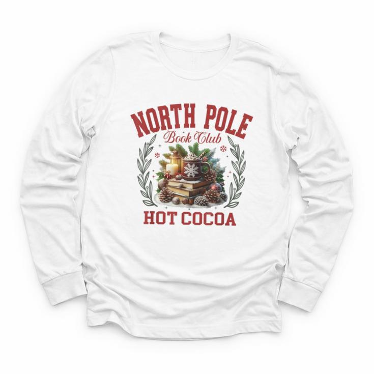 North Pole Book Club Hot Cocoa Bookworm Christmas Xmas Youth Long Sleeve Tee