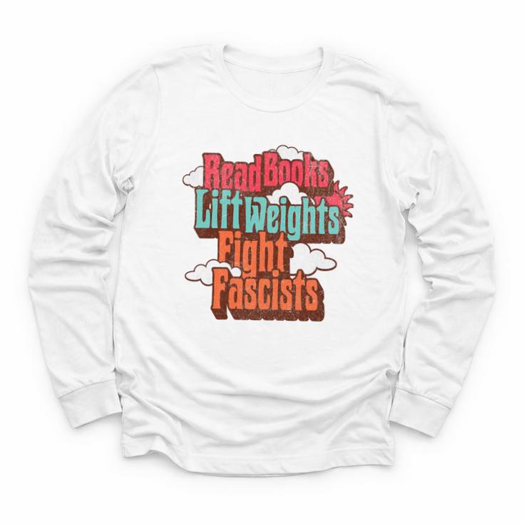 Read Books Lift Weights Fight Fascists Reading No Kings Premium Tri-Blend Youth Long Sleeve Tee