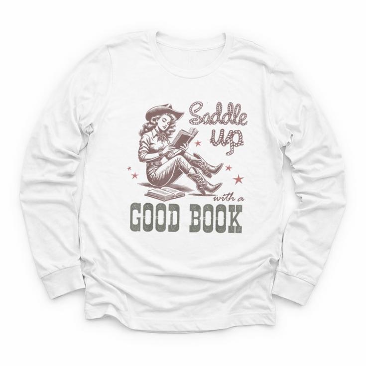 Retro Cowgirl ReadingTee Saddle Up With A Good Book Western Youth Long Sleeve Tee