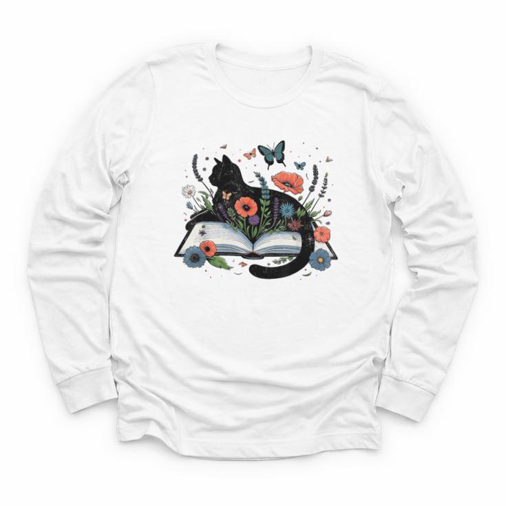 Retro Cute Cat Floral Book Librarian Vintage Floral Cat Book Youth Long Sleeve Tee