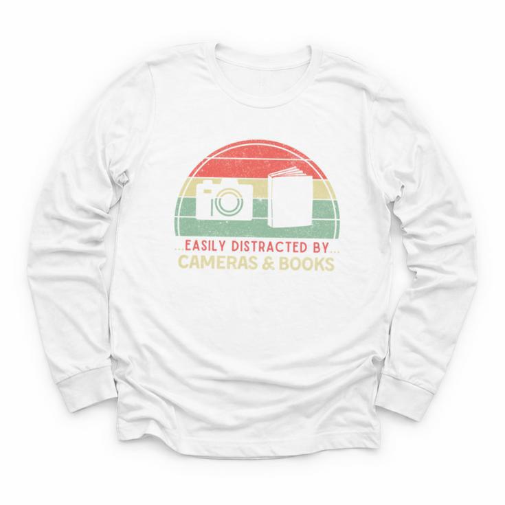 Retro Easily Distracted By Cameras & Books Photography Youth Long Sleeve Tee