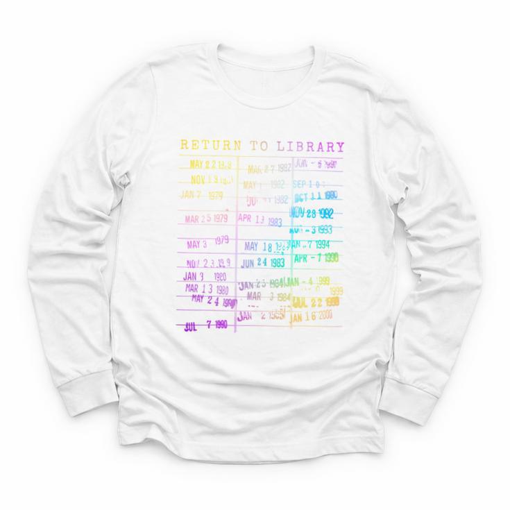 Return To Library Card Book Due Date Bookish Rainbow Reading Youth Long Sleeve Tee