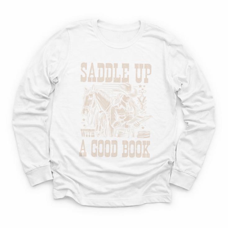 Saddle Up With a Good Book Cowgirl Western Women Vintage Youth Long Sleeve Tee