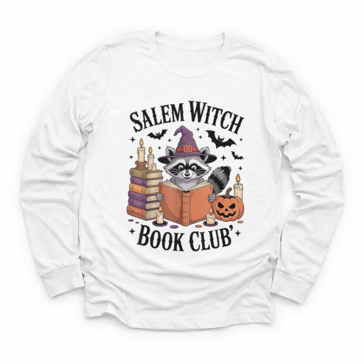Salem WItch Book Club Halloween Raccoon Witch Reading Book Youth Long Sleeve Tee