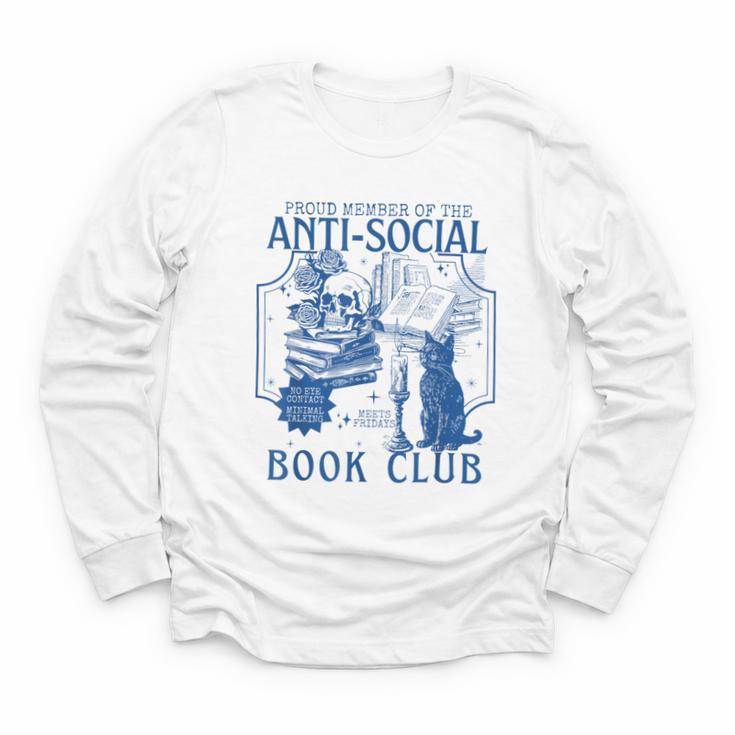 Sarcastic Anti Social Book Club Cat Skull Book Lover Youth Long Sleeve Tee