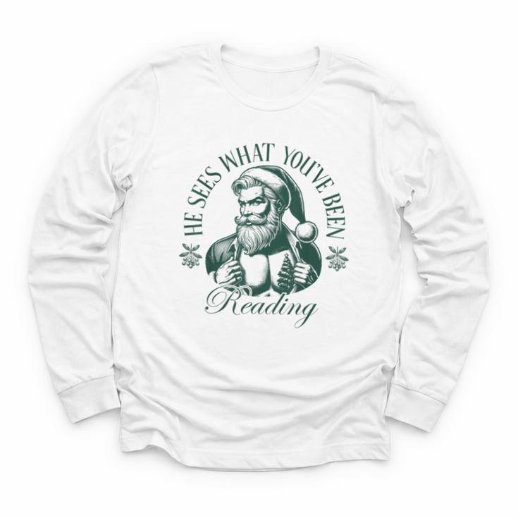 He Sees What You'Ve Been Reading Bookish Christmas Youth Long Sleeve Tee