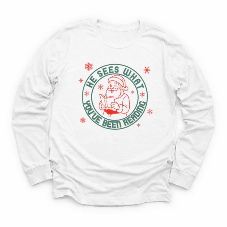 He Sees What You'Ve Been Reading Christmas Book Lover Shirt Youth Long Sleeve Tee