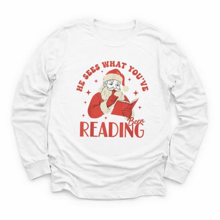 He Sees What You'Ve Been Reading Santa Book Youth Long Sleeve Tee