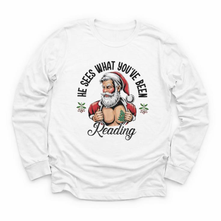 He Sees What You'Ve Been Reading Santa Xmas Book Lover Youth Long Sleeve Tee