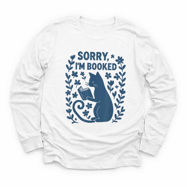Sorry I'm Booked Cat Reading Book Boho Flowers Vintage Youth Long Sleeve Tee