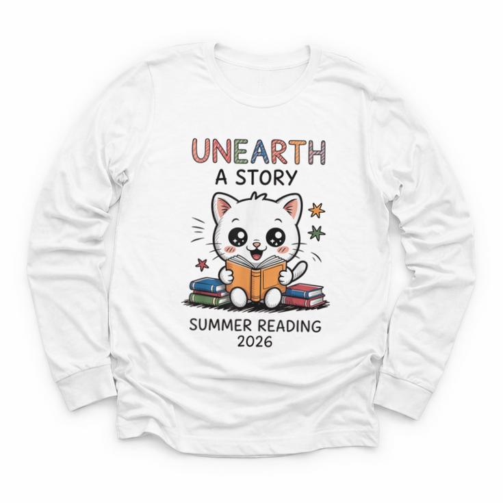 Unearth a Story Cute Kitten Summer Reading 2026 Cat Book Youth Long Sleeve Tee
