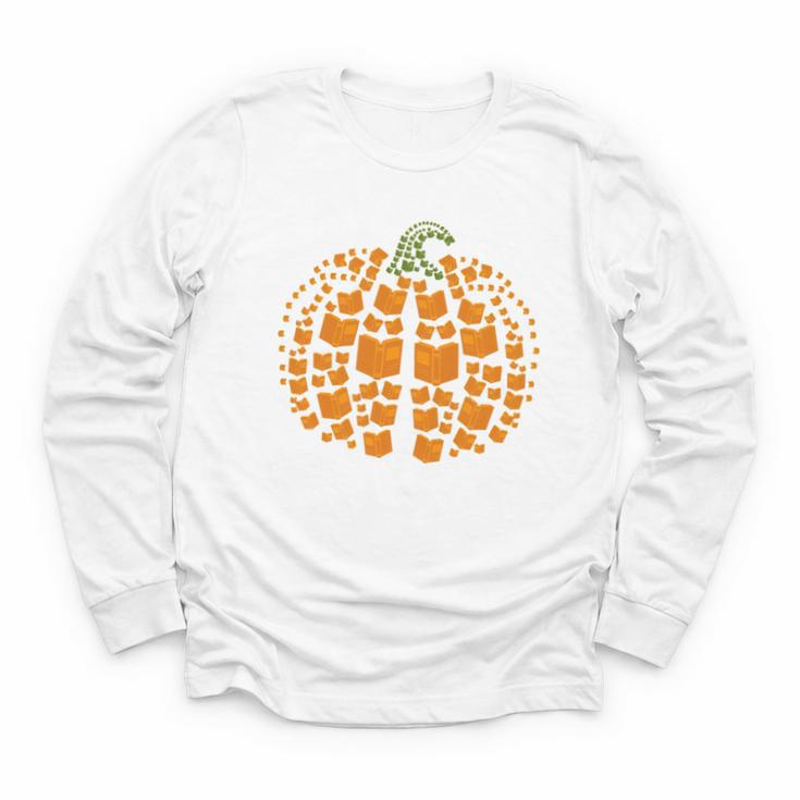 Vintage Book Pumpkin Autumn Fall Librarians Bookworm Teacher Youth Long Sleeve Tee
