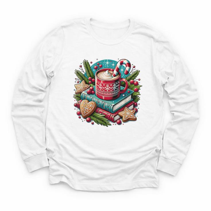 Vintage Cozy Winter Hot Cocoa Books Gingerbread Book Lovers Youth Long Sleeve Tee
