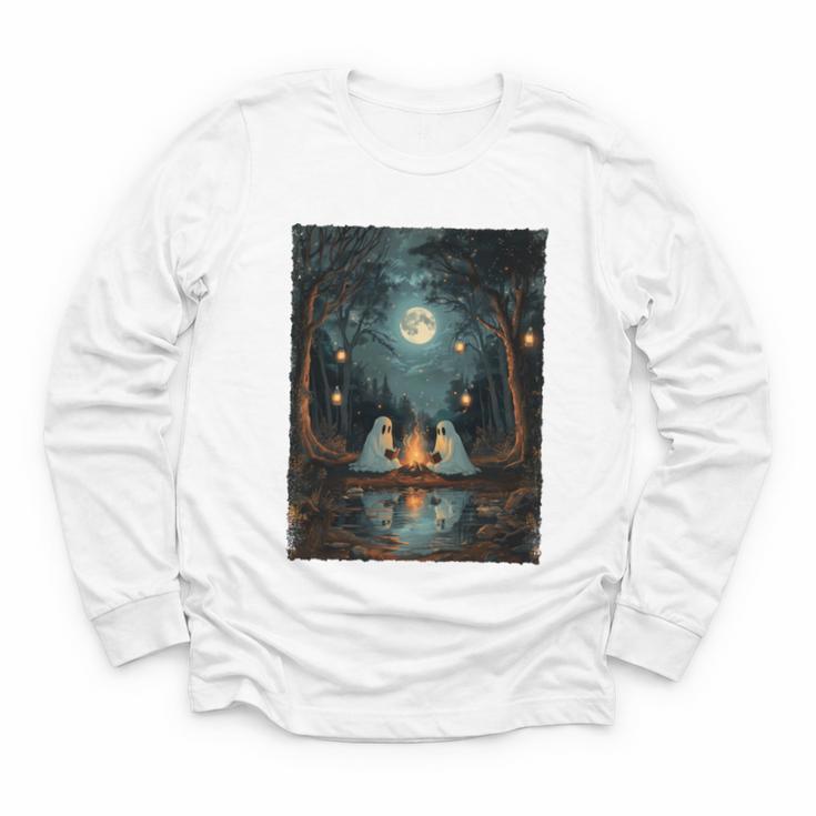Vintage Ghost Book Reading Camping Gothic Halloween Teachers Youth Long Sleeve Tee