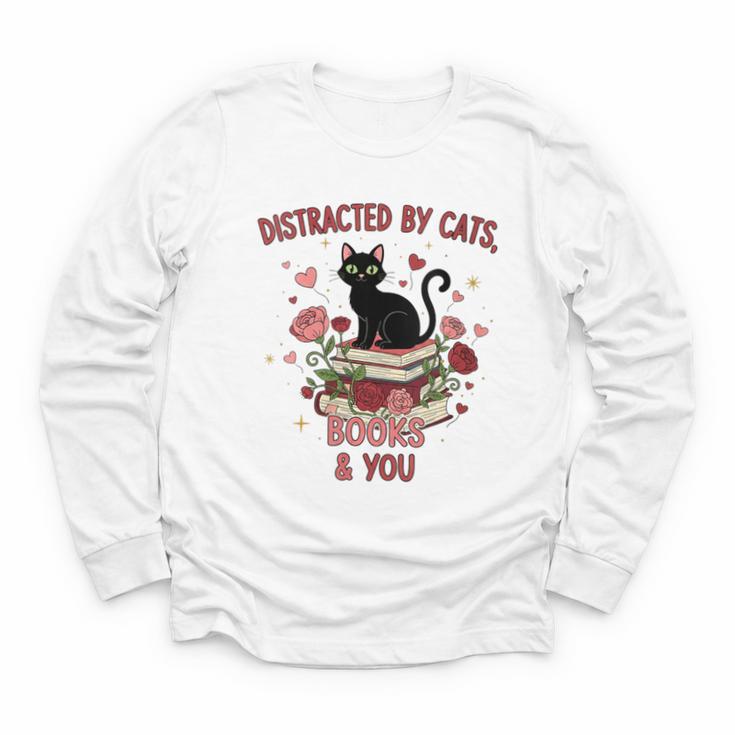 Women's Cat Books Romantic Floral Aesthetic Book Lover Cat Owner Youth Long Sleeve Tee