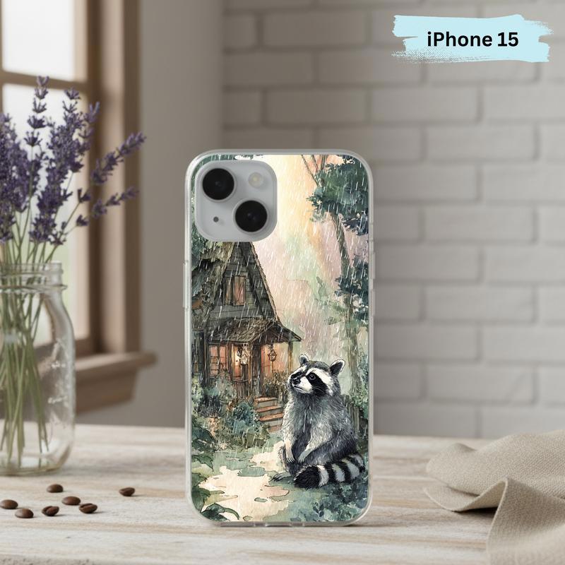 Rainbow Rainy Day Raccoon Cottage Mood Phone Case IPhone