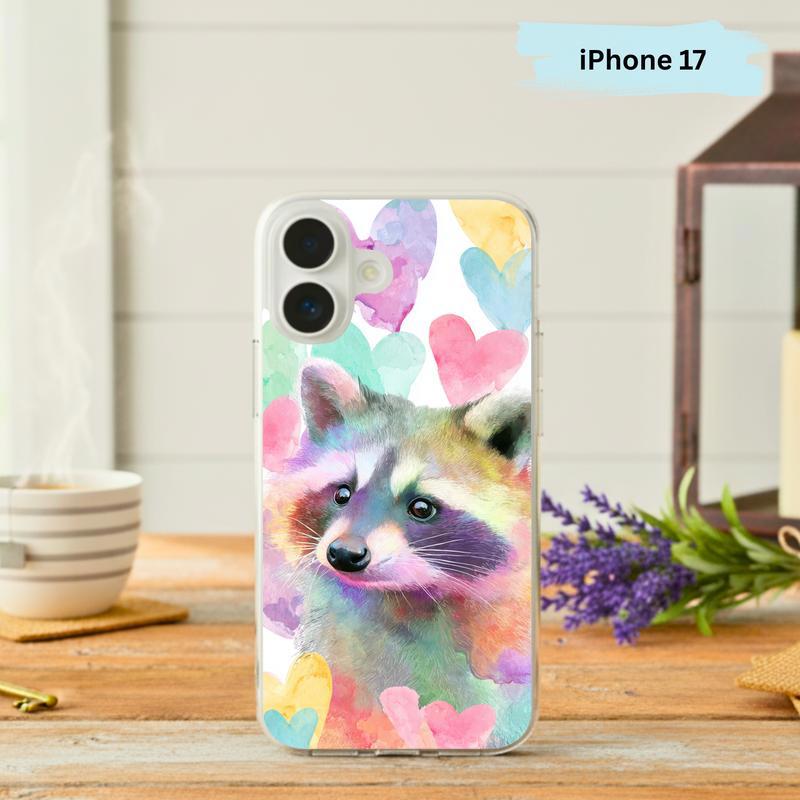 Rainbow Raccoon Watercolor Heart Aura Phone Case IPhone - Raccsy