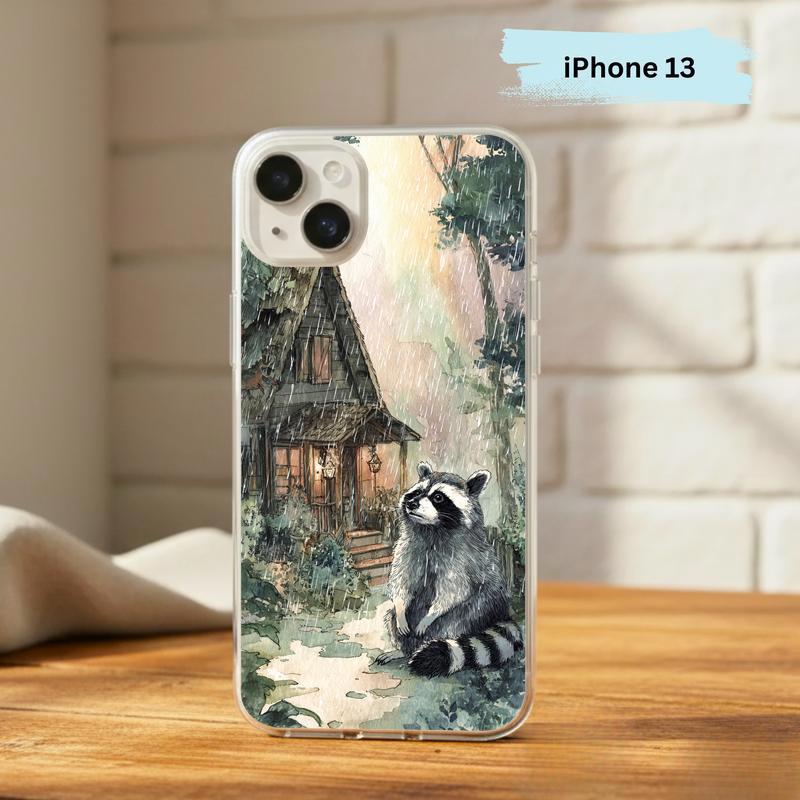 Rainbow Rainy Day Raccoon Cottage Mood Phone Case IPhone