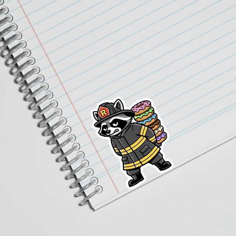 Firefighter Raccoon, Stealing Donuts Snack Sticker Firefighter Raccoon, Stealing Donuts Snack Sticker