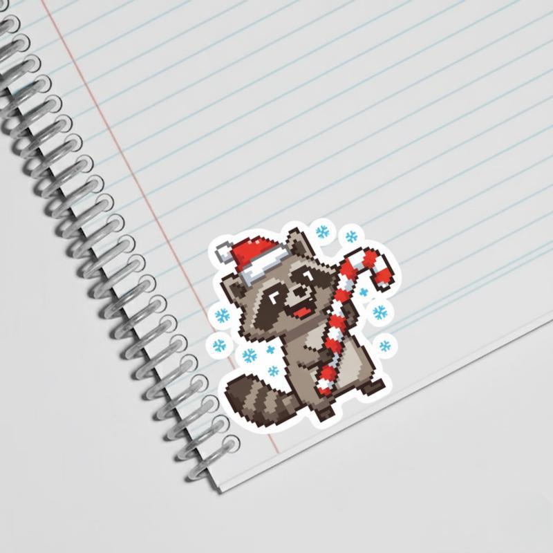 Pixelated Raccoon Holding Candy Cane Sticker