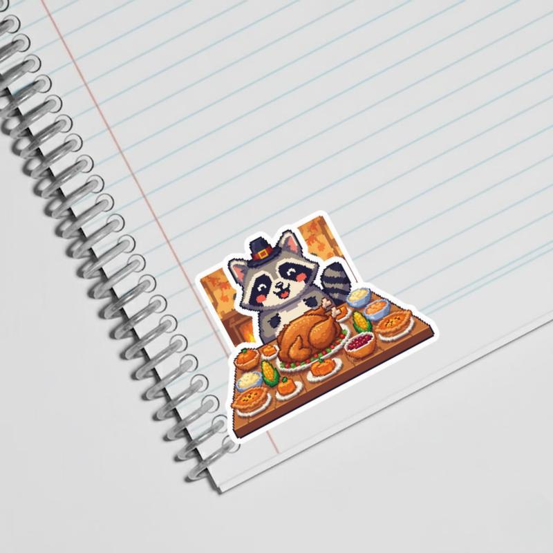 Pixelated Raccoon Thanksgiving Feast Sticker