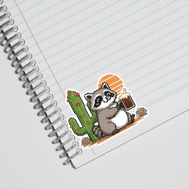 Pixelated Raccoon With Cactus Sticker