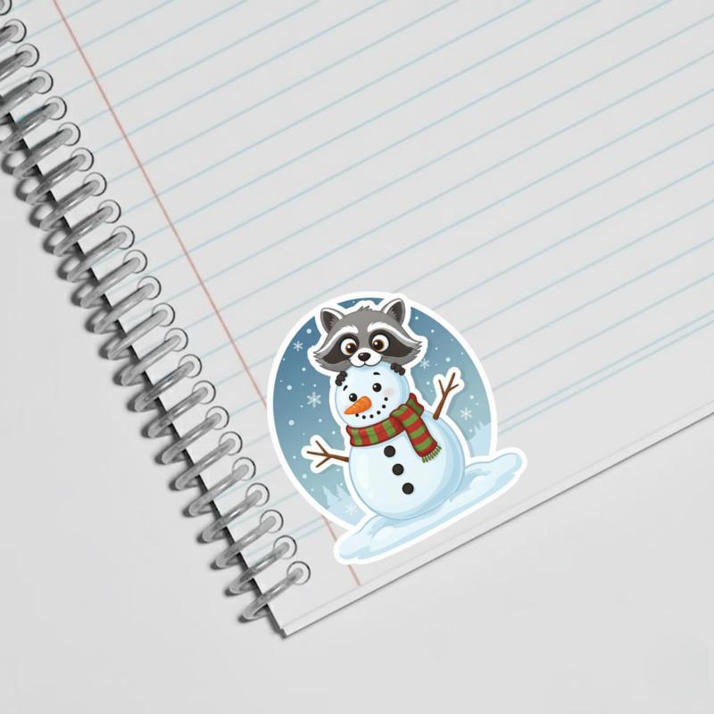 Raccoon Peeker Behind Snowman Sticker Raccoon Peeker Behind Snowman Sticker