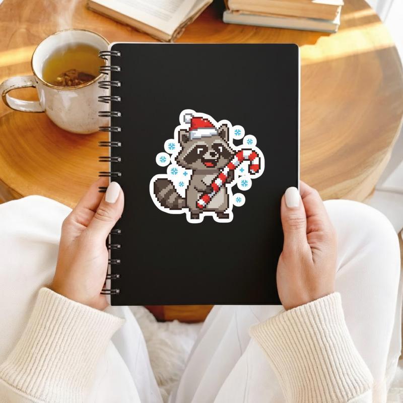 Pixelated Raccoon Holding Candy Cane Sticker