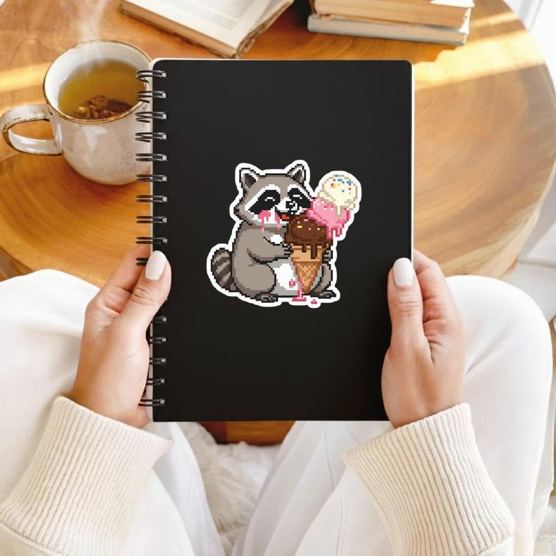 Pixelated Raccoon Ice Cream Sticker