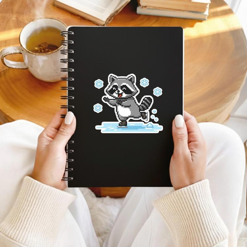 Pixelated Raccoon Ice Skating Sticker