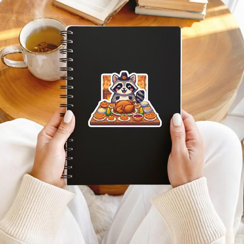Pixelated Raccoon Thanksgiving Feast Sticker