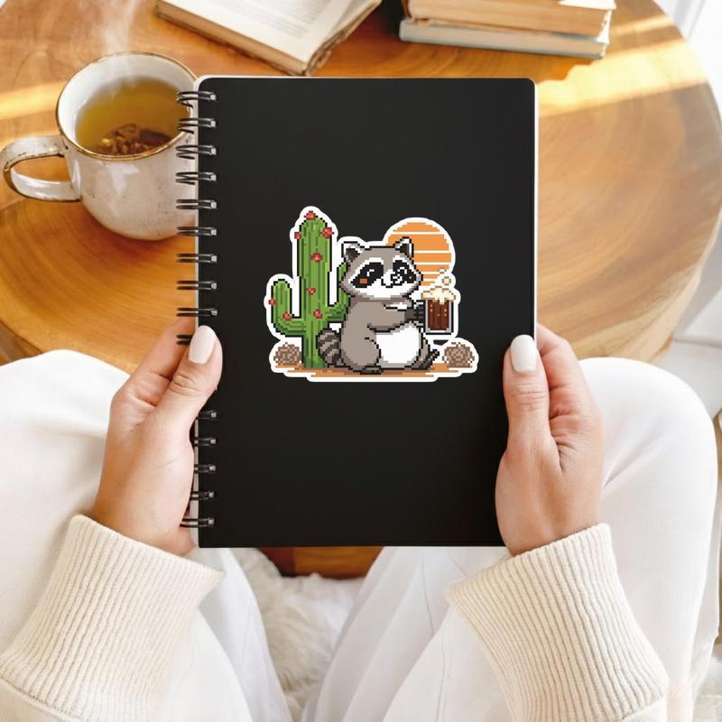 Pixelated Raccoon With Cactus Sticker