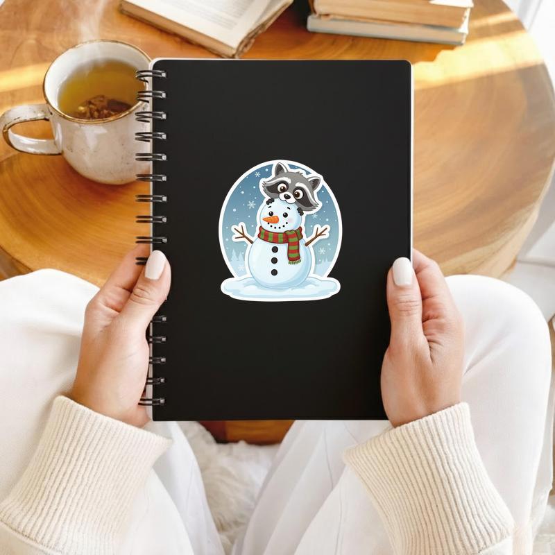 Raccoon Peeker Behind Snowman Sticker Raccoon Peeker Behind Snowman Sticker
