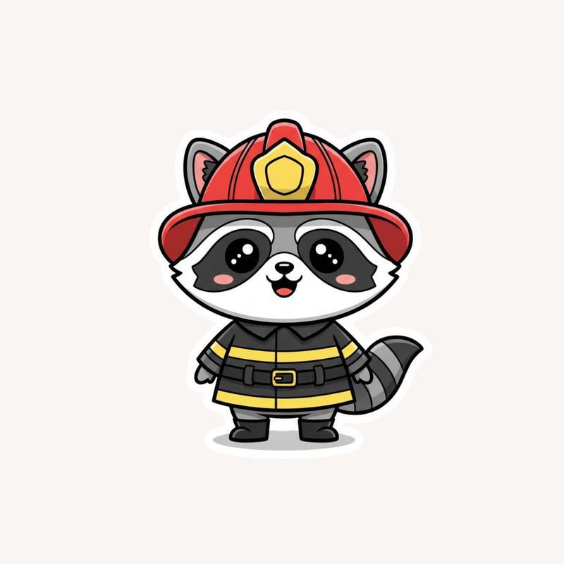 Big Head Raccoon Firefighter Chibi Sticker - Raccsy