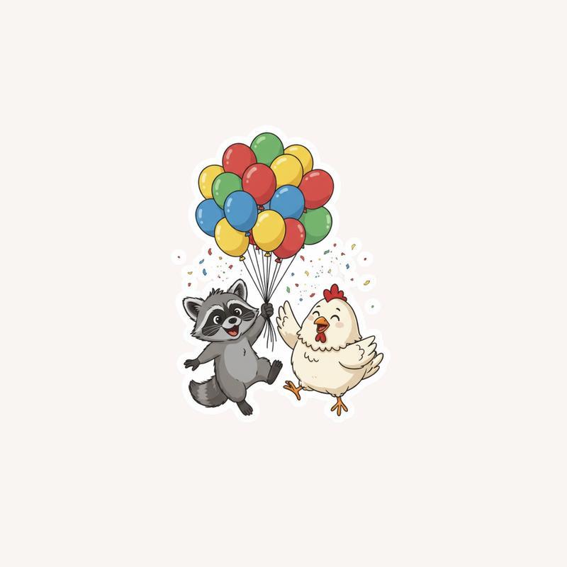 Chicken Raccoon Holding Balloons Sticker - Raccsy