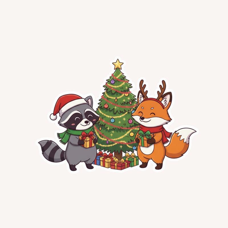 Christmas Raccoon Fox Duo Sticker - Raccsy