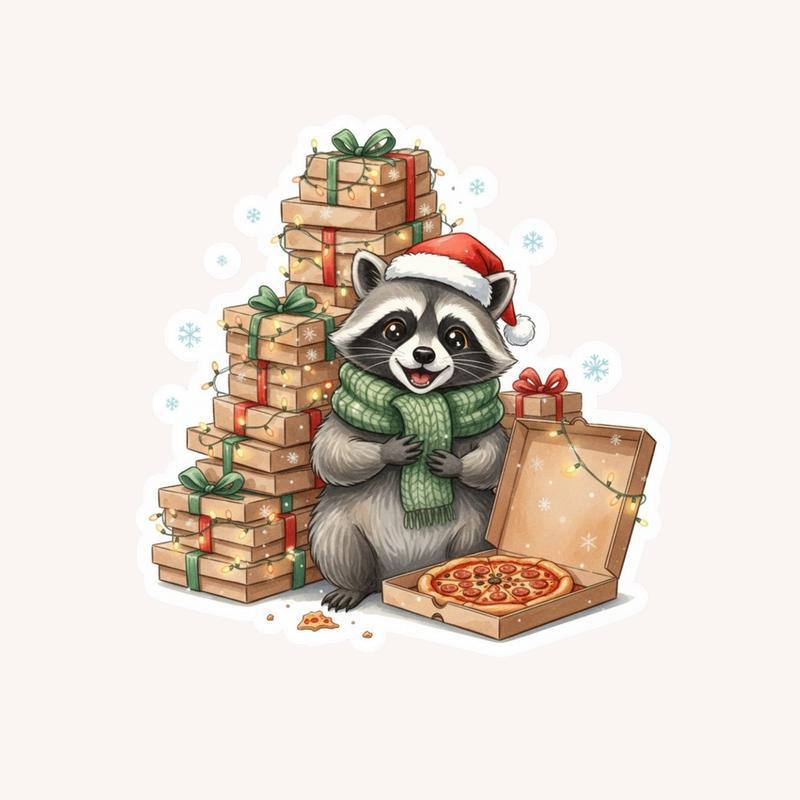 Christmas Raccoon Pizza Joy Sticker - Raccsy