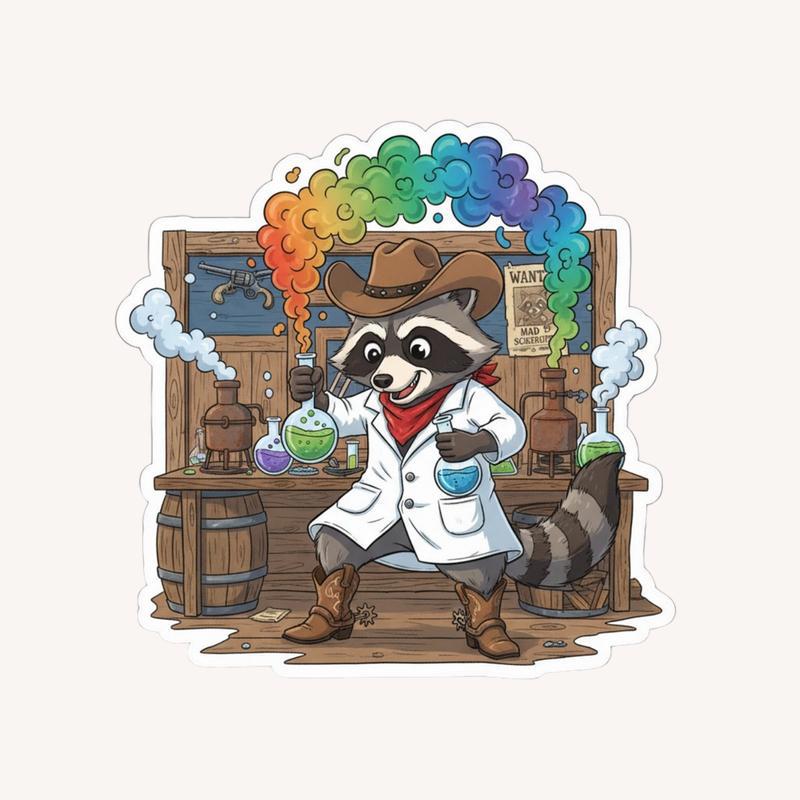 Colorful Cowboy Raccoon Scientist Sticker - Raccsy